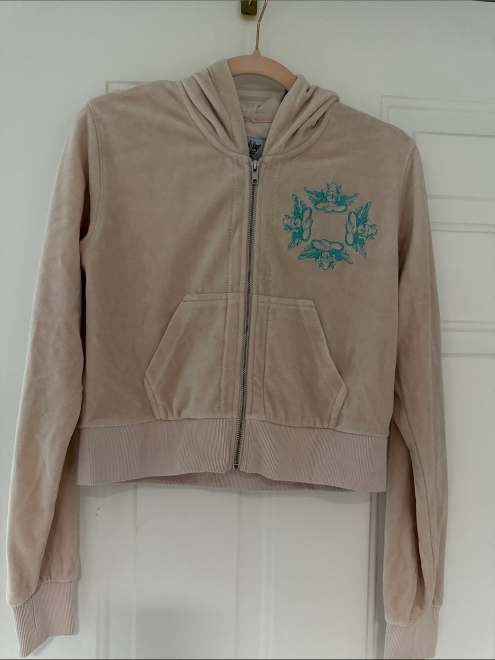 Boys Lie Soft Blush Pink Velvet Zip-Up Hoodie with Teal Angel Motif